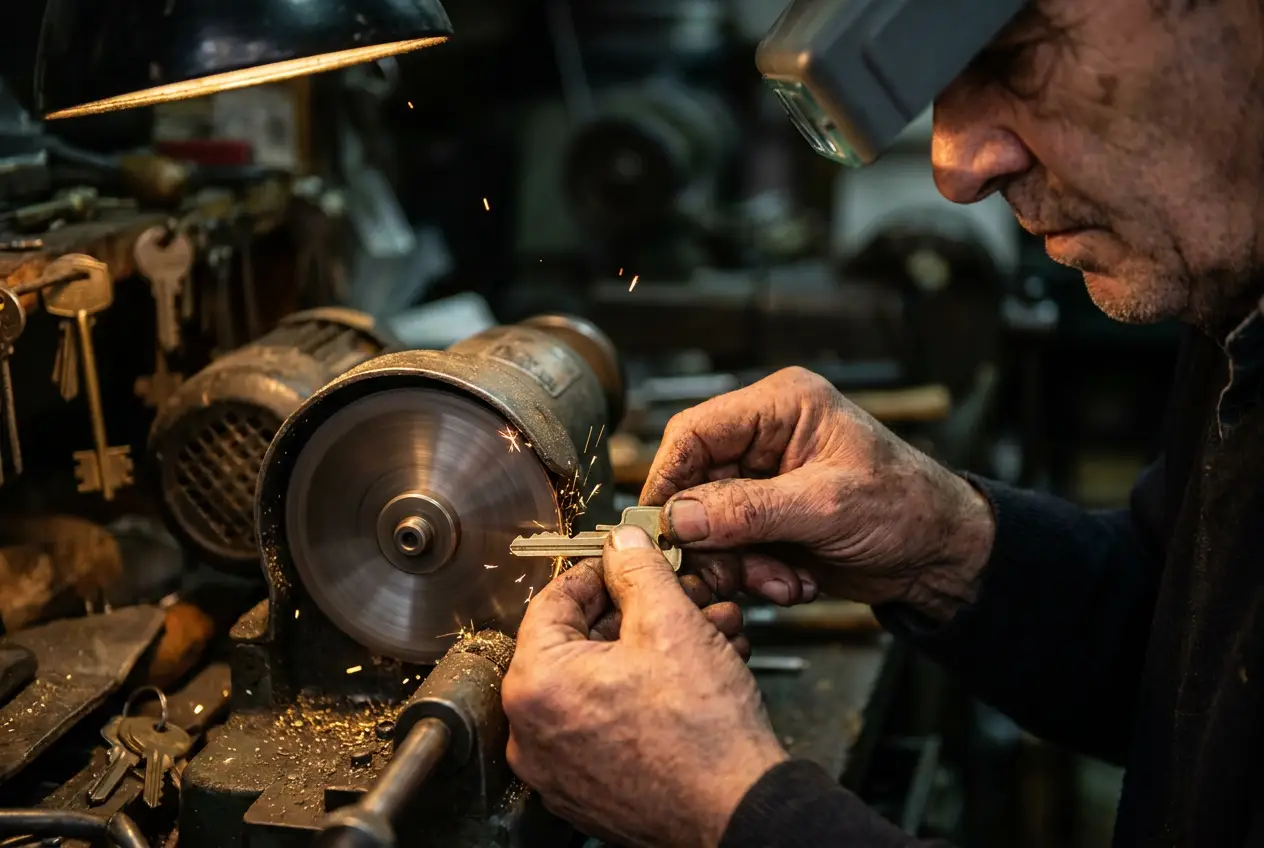 Master locksmith precisely cutting a brass key
