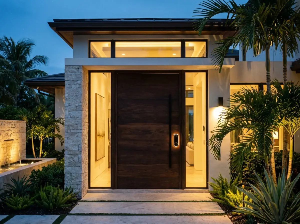 Luxury South Florida home entrance with smart lock
