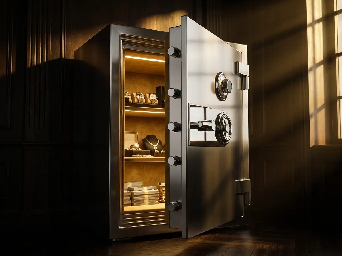 Open luxury safe with gold interior glow