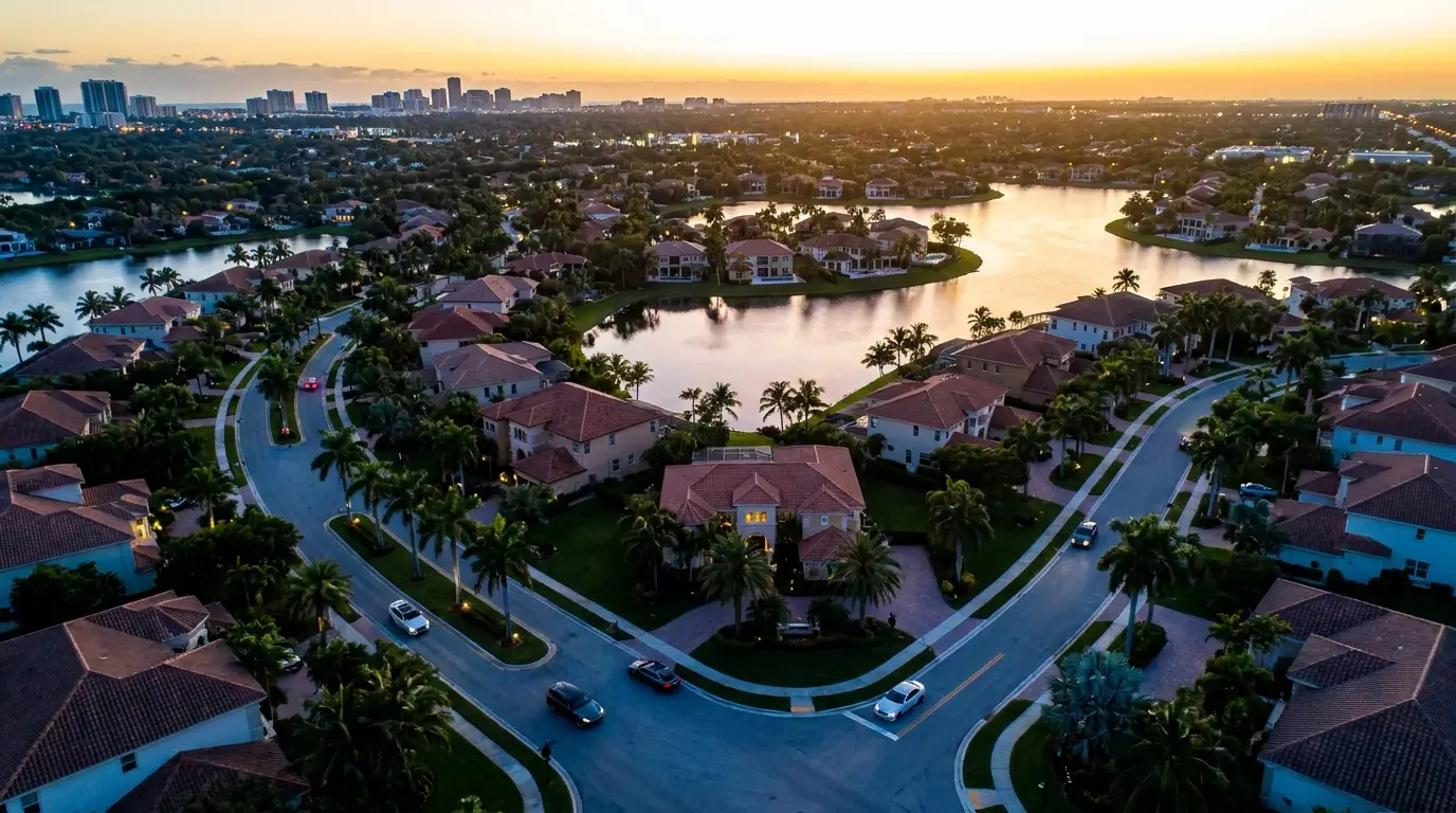 Aerial twilight view of South Florida neighborhoods
